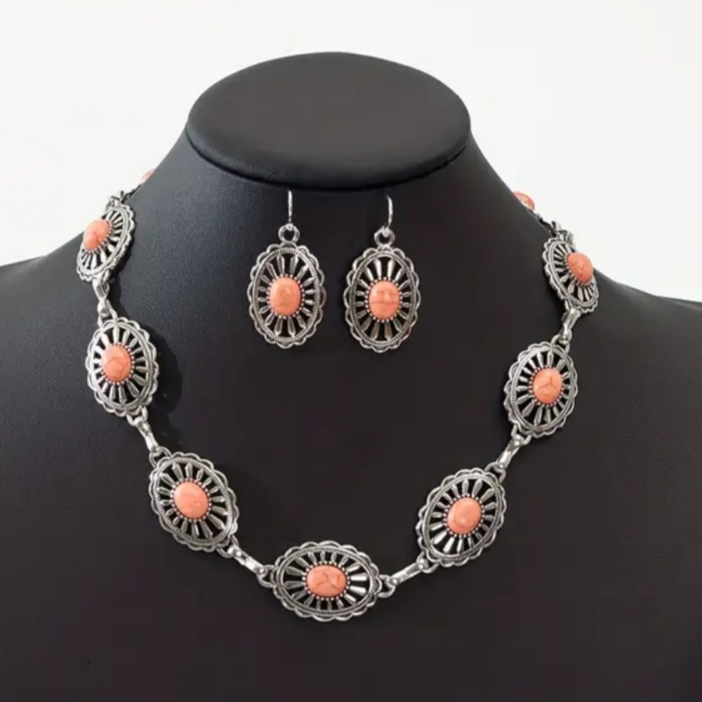 2/$40 Western Aztec Boho Elegant Silver‎ and Coral Necklace Earring Set(#0170)